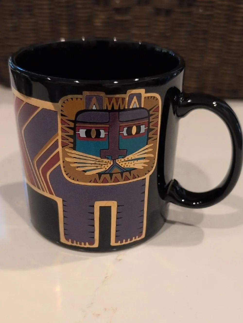 Laurel Burch Black Mug Cup with Purple, Gold, Teal & Red Lion Cat Design Vintage